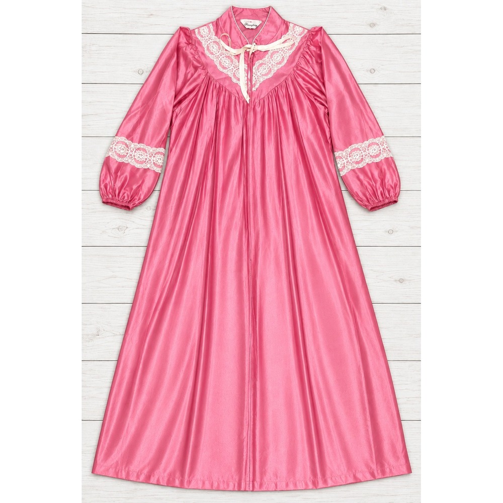 Vintage Serenity Nightgown Pink Satin Lace Trim Long Sleeve Victorian Regency OS